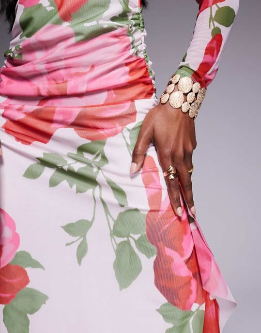 ASOS DESIGN mesh long sleeve frill detail a line maxi dress in pink floral print - Image 3
