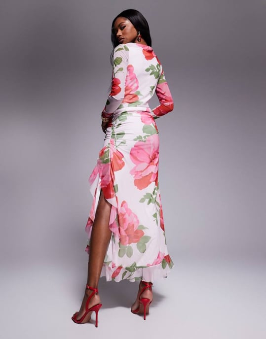ASOS DESIGN mesh long sleeve frill detail a line maxi dress in pink floral print - Image 4