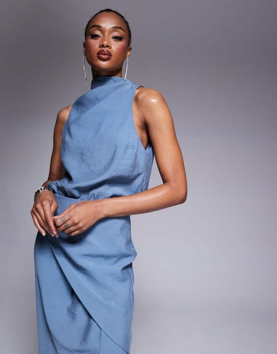 ASOS DESIGN Tall high neck wrap maxi dress in smoke blue - Image 4