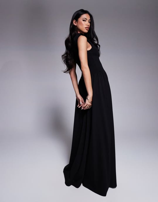 Kaiia exclusive sleeveless high neck gathered skirt maxi dress in black - Image 3