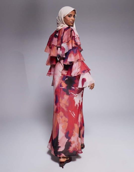 ASOS DESIGN tiered ruffle overlay bias maxi dress in abstract print - Image 4