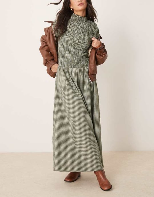 Glamorous long sleeve shirred maxi dress in green and blue check - Image 1