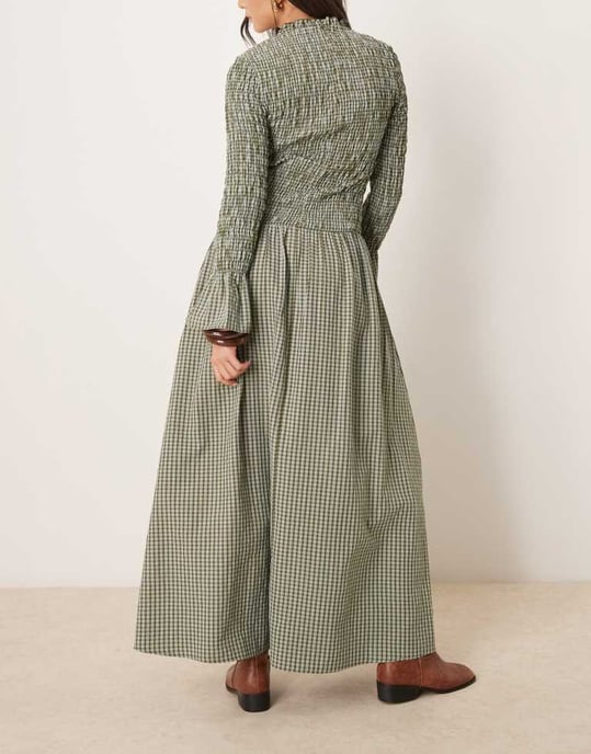 Glamorous long sleeve shirred maxi dress in green and blue check - Image 2