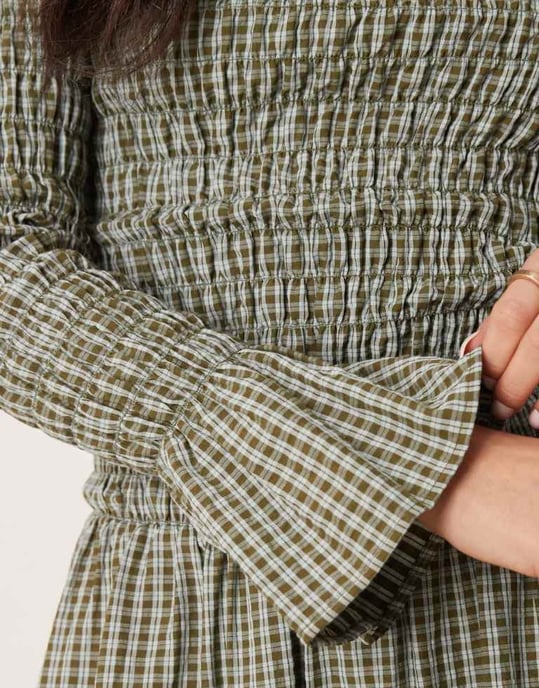 Glamorous long sleeve shirred maxi dress in green and blue check - Image 3