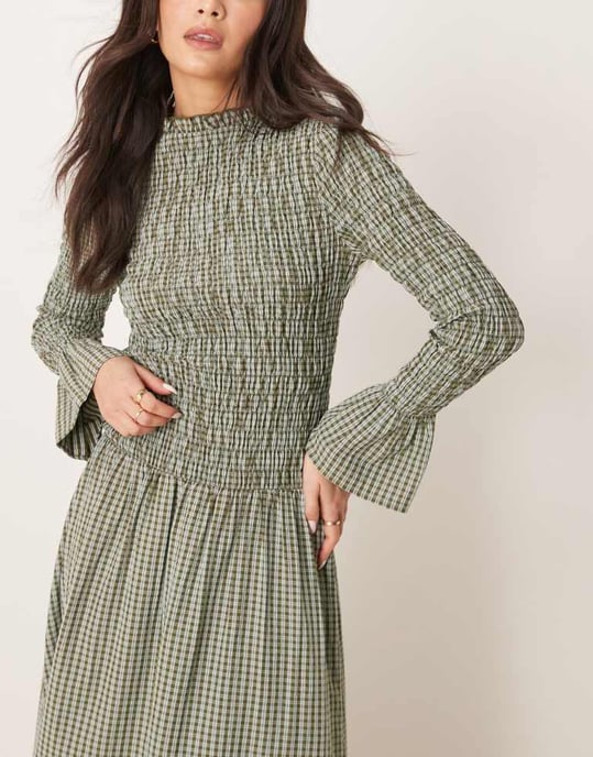 Glamorous long sleeve shirred maxi dress in green and blue check - Image 4