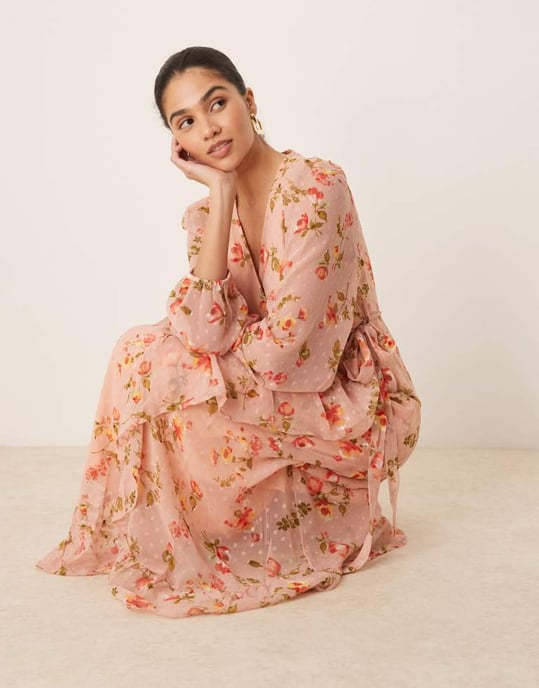 Vila dobby wrap maxi dress with frill detail in rose floral print - Image 2