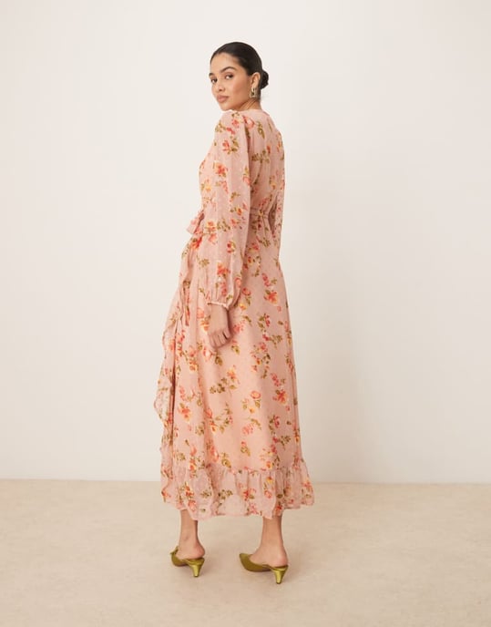 Vila dobby wrap maxi dress with frill detail in rose floral print - Image 4