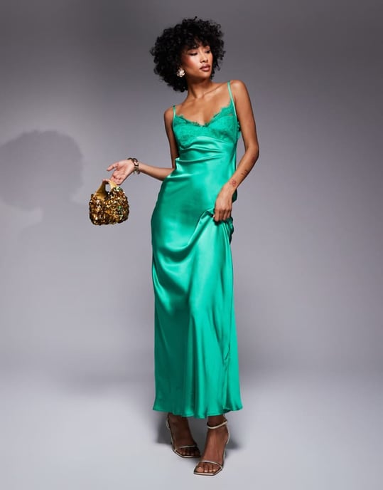ASOS DESIGN lace bust cup satin maxi dress with cut out back in deep green - Image 1