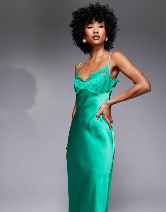 ASOS DESIGN lace bust cup satin maxi dress with cut out back in deep green - Image 3