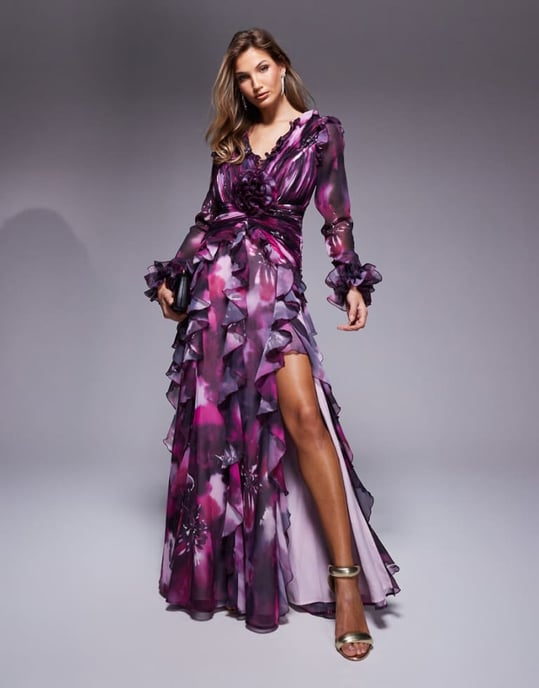 ASOS LUXE organza long sleeve exaggerated ruffle maxi dress in dark floral - Image 1