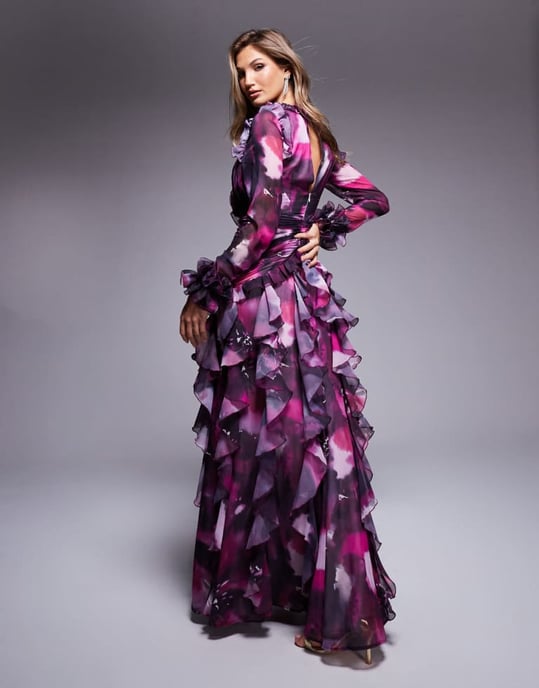 ASOS LUXE organza long sleeve exaggerated ruffle maxi dress in dark floral - Image 2