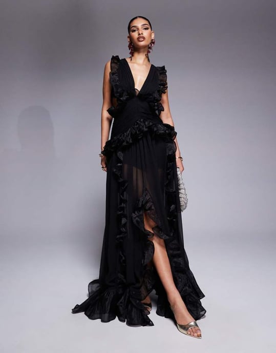 ASOS LUXE plunge maxi dress with ruched chiffon detail & open back in black - Image 1