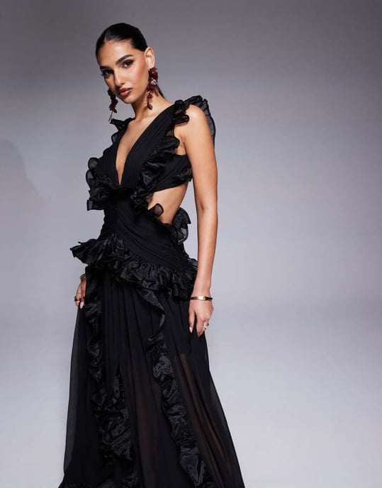 ASOS LUXE plunge maxi dress with ruched chiffon detail & open back in black - Image 2