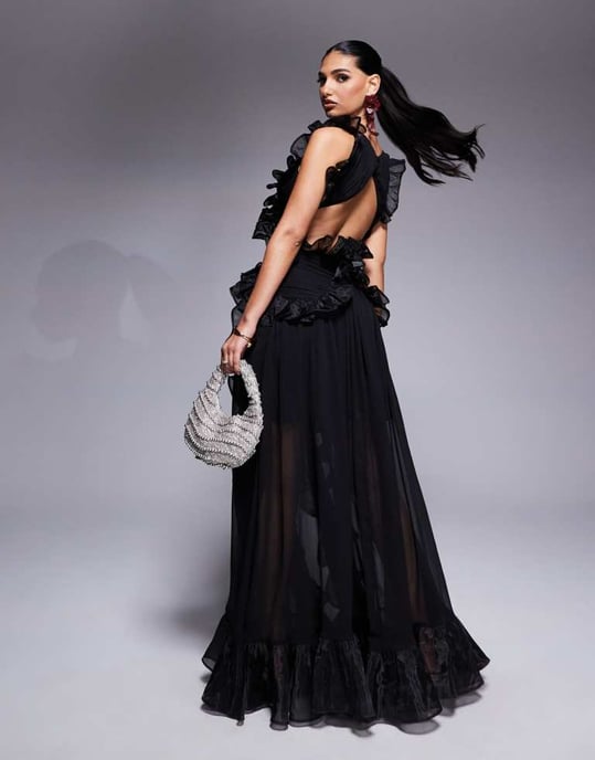 ASOS LUXE plunge maxi dress with ruched chiffon detail & open back in black - Image 4