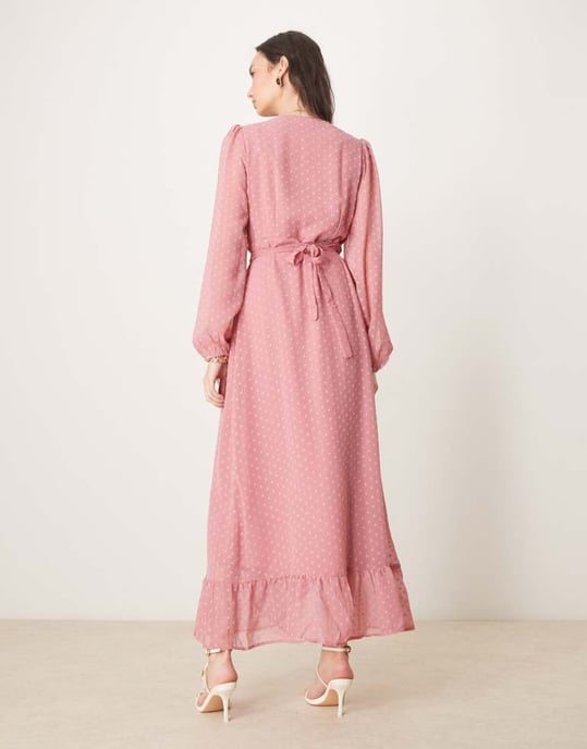 Vila dobby wrap maxi dress with frill detail in rose pink - Image 3