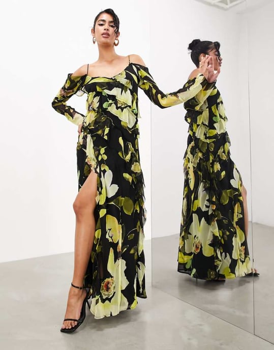 ASOS EDITION long sleeve bias cut maxi dress with raw edge frills in black floral - Image 1