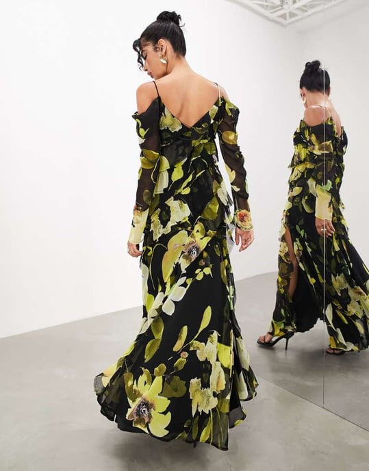 ASOS EDITION long sleeve bias cut maxi dress with raw edge frills in black floral - Image 2
