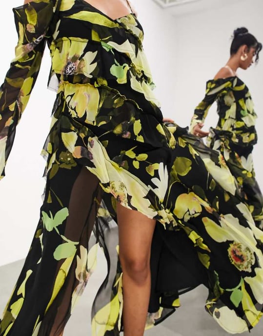ASOS EDITION long sleeve bias cut maxi dress with raw edge frills in black floral - Image 3