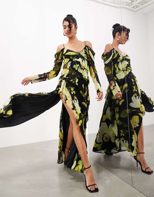 ASOS EDITION long sleeve bias cut maxi dress with raw edge frills in black floral - Image 4