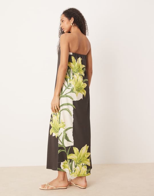 ASOS DESIGN bandeau maxi dress in black with green plant print - Image 2