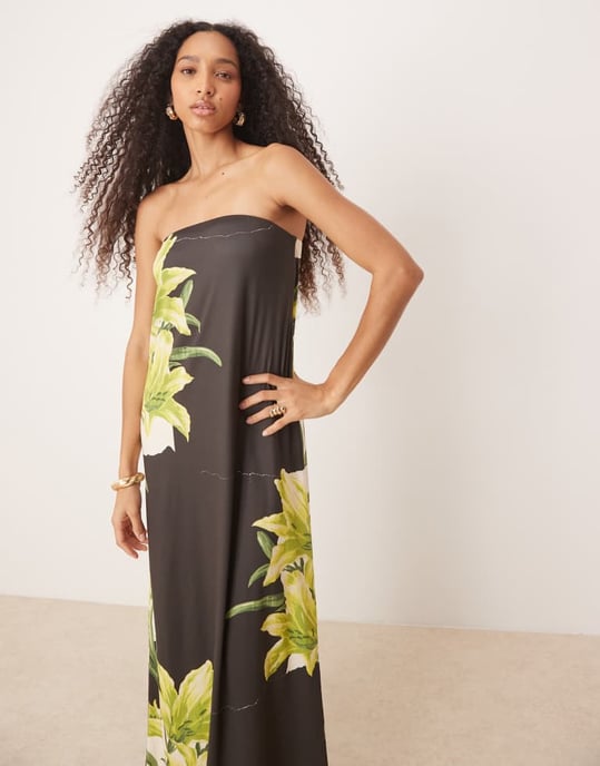 ASOS DESIGN bandeau maxi dress in black with green plant print - Image 3