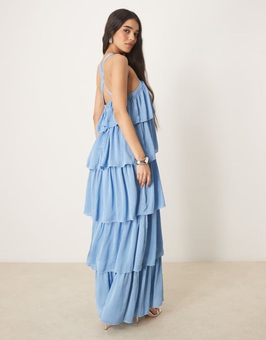Vila halter neck tiered ruffle maxi dress in blissful blue - Image 3