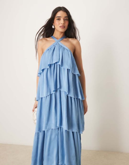 Vila halter neck tiered ruffle maxi dress in blissful blue - Image 4