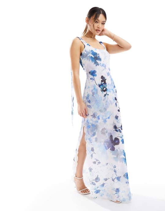 NA-KD frill hem maxi dress in blue print - Image 1