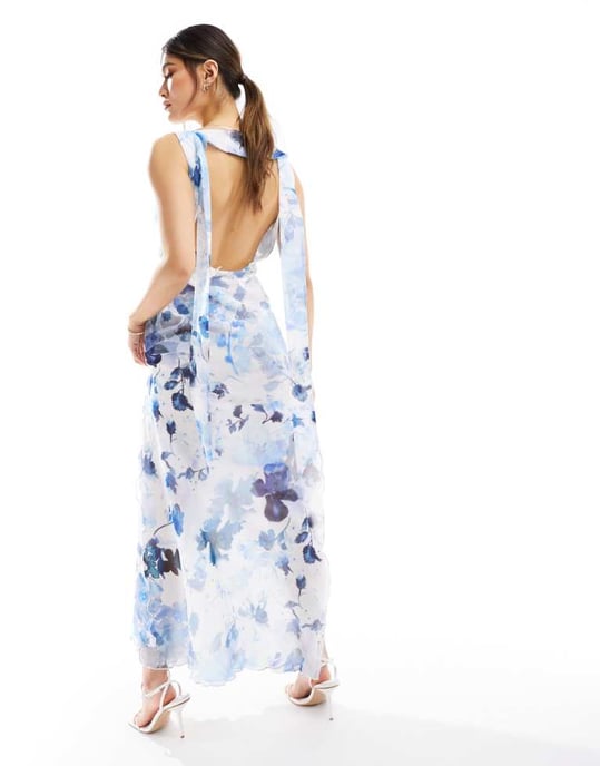 NA-KD frill hem maxi dress in blue print - Image 3