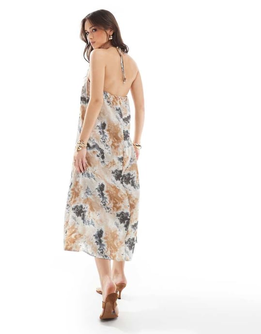 Object satin halter maxi dress in neutral tie dye print - Image 4