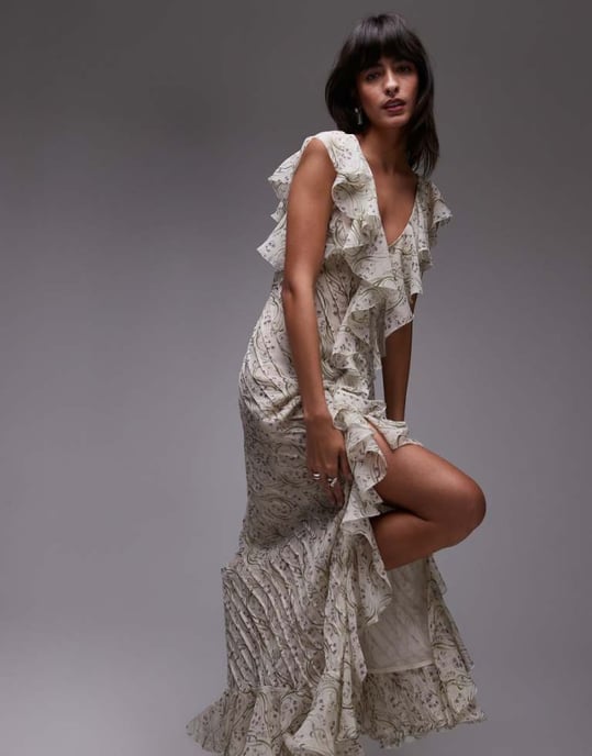 Topshop premium ruffle pintuck gown in soft grey floral - Image 1