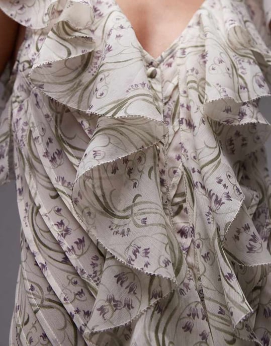 Topshop premium ruffle pintuck gown in soft grey floral - Image 2