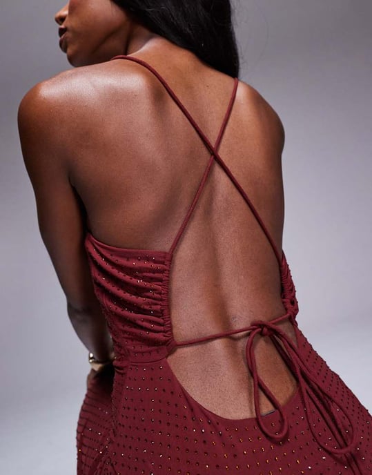 ASOS DESIGN hotfix paljett maxiklänning med fyrkantig halsringning och snörning i ryggen i vinröd - Image 2