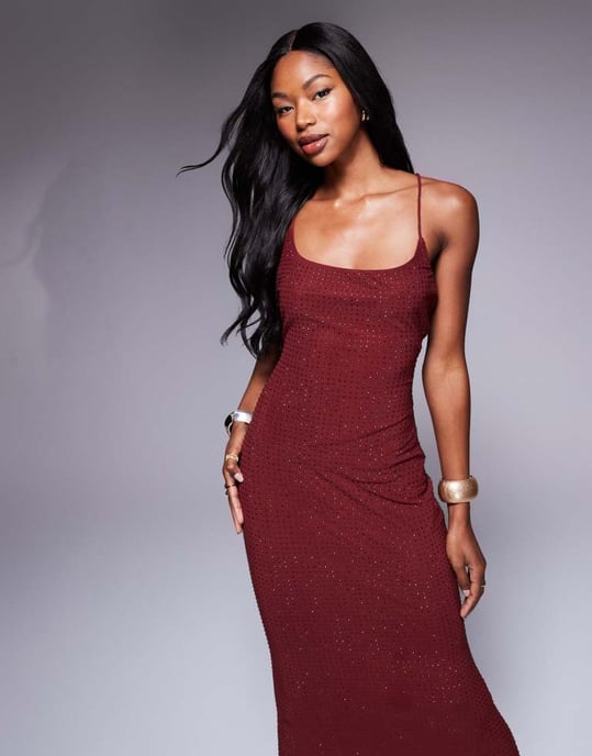 ASOS DESIGN hotfix paljett maxiklänning med fyrkantig halsringning och snörning i ryggen i vinröd - Image 3