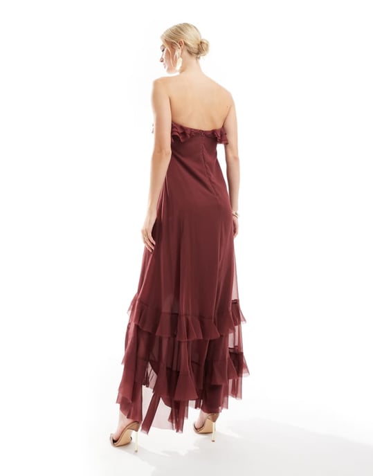 ASOS DESIGN Lång bardot volang avskuren maxiklänning i burgundy - Image 2
