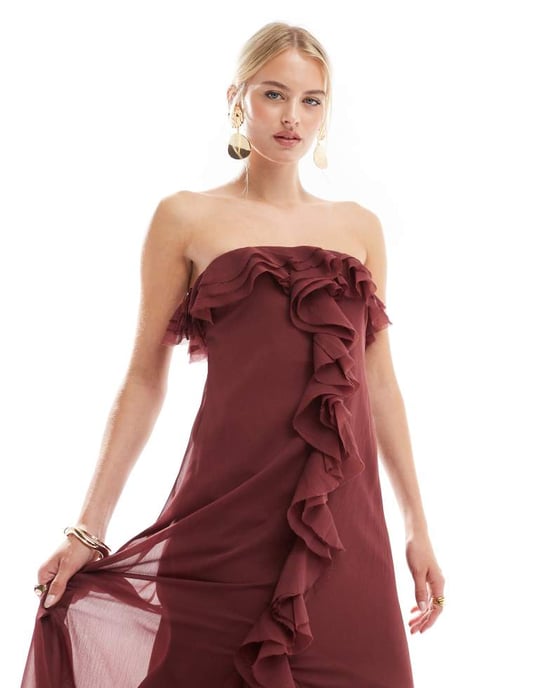 ASOS DESIGN Lång bardot volang avskuren maxiklänning i burgundy - Image 3