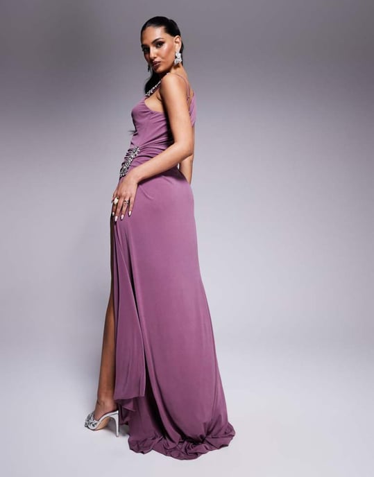 ASOS DESIGN maxi klänning med utsmyckad detalj och drapering i plommonlila - Image 4