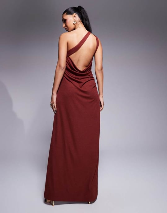 ASOS DESIGN slinky off-shoulder draperad maxiklänning i rostfärg - Image 3