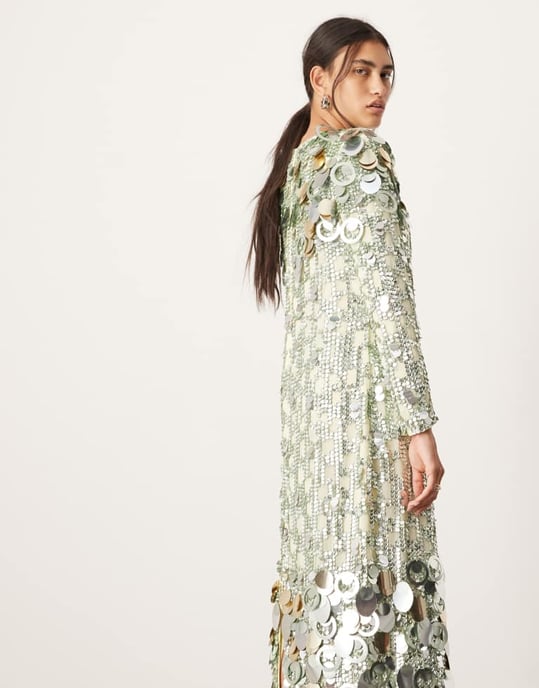 ASOS EDITION staplad multifärgad paljett långärmad kolumn midaxi-klänning i grön - Image 4
