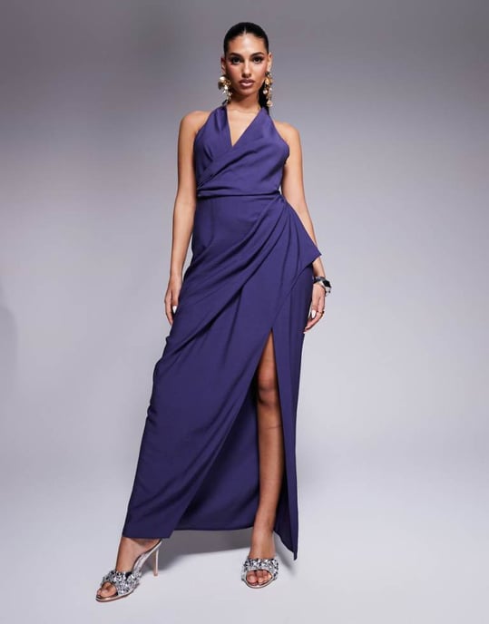ASOS DESIGN pläterad omslag detaljerad maxiklänning med draperad kjol i indigo blå - Image 1