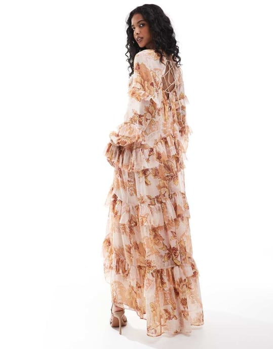 ASOS DESIGN volang off shoulder korse med detaljer i sång och lager på lager maxi klänning med hi-low nederdel i brun blommig tryck - Image 4