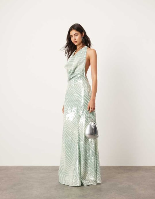 ASOS EDITION helglittrande djup halsringning maxiklänning i mintrandig tryck - Image 3