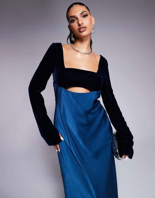 ASOS DESIGN kjol med fyrkantig hals i sammetssatinmix med utskärning i blått - Image 2