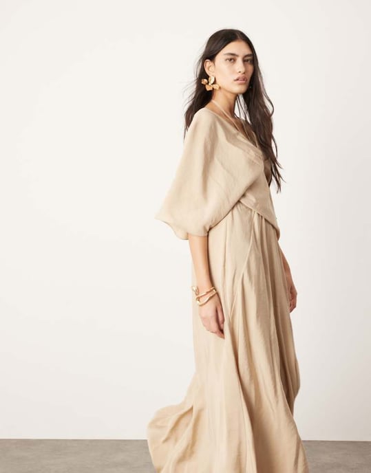 ASOS EDITION kortärmad v-ringad maxiklänning med knytning i stenfärg - Image 3