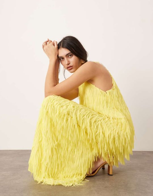 ASOS EDITION utskälld fransad halterneck maxiklänning i gul - Image 2