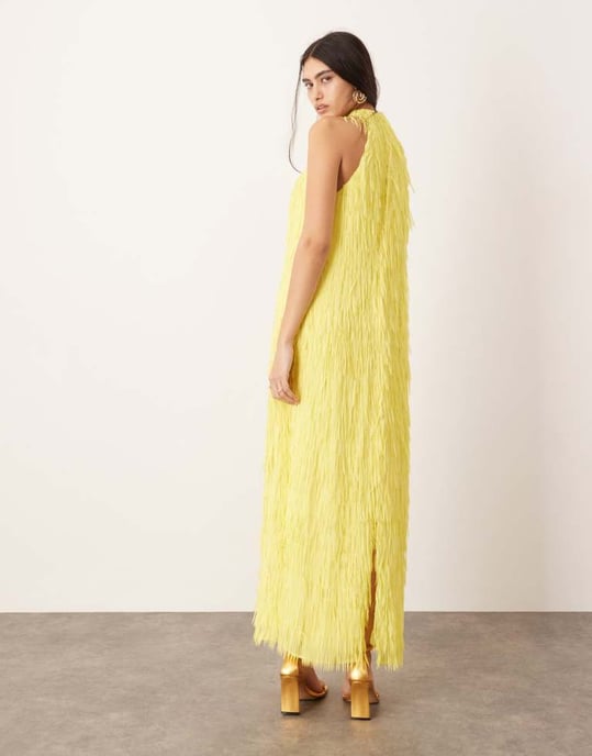 ASOS EDITION utskälld fransad halterneck maxiklänning i gul - Image 4