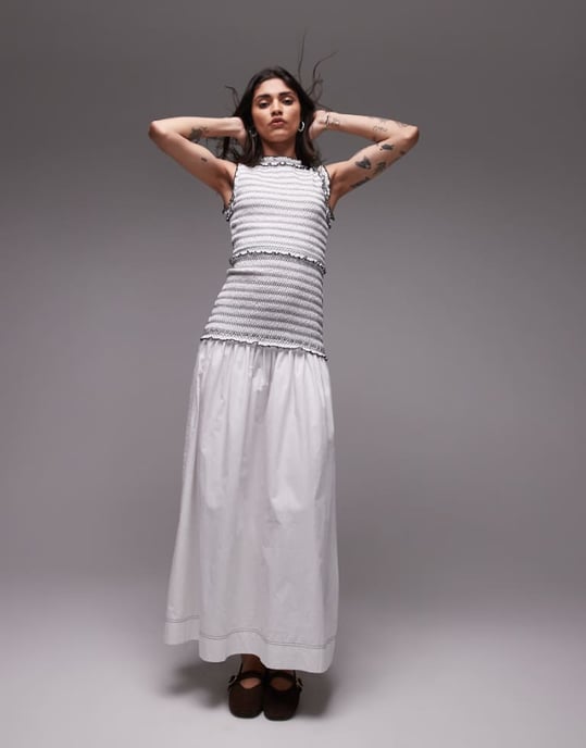 Topshop sleeveless contrast stitch shirred dress in white - Image 1