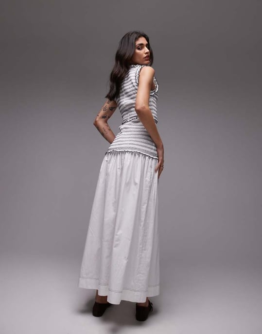 Topshop sleeveless contrast stitch shirred dress in white - Image 2