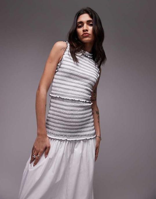 Topshop sleeveless contrast stitch shirred dress in white - Image 4