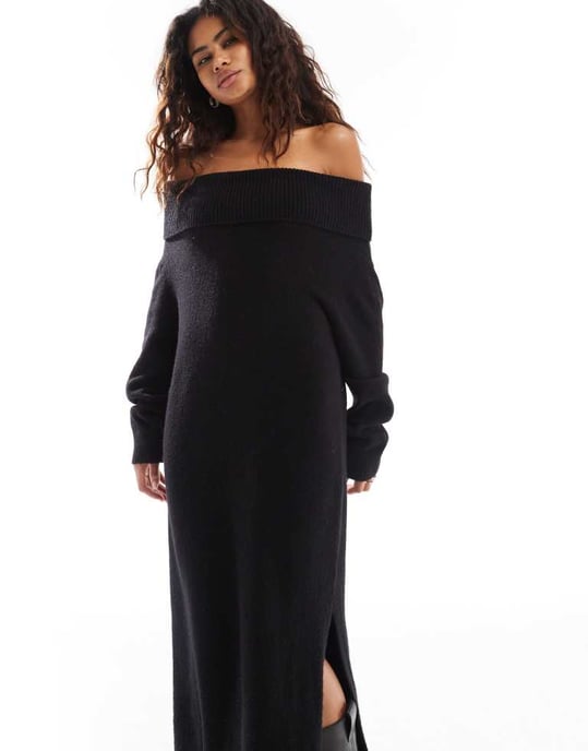 Weekday Malena bardot stickad maxiklänning med sidoklyv i svart exklusiv för ASOS - Image 2
